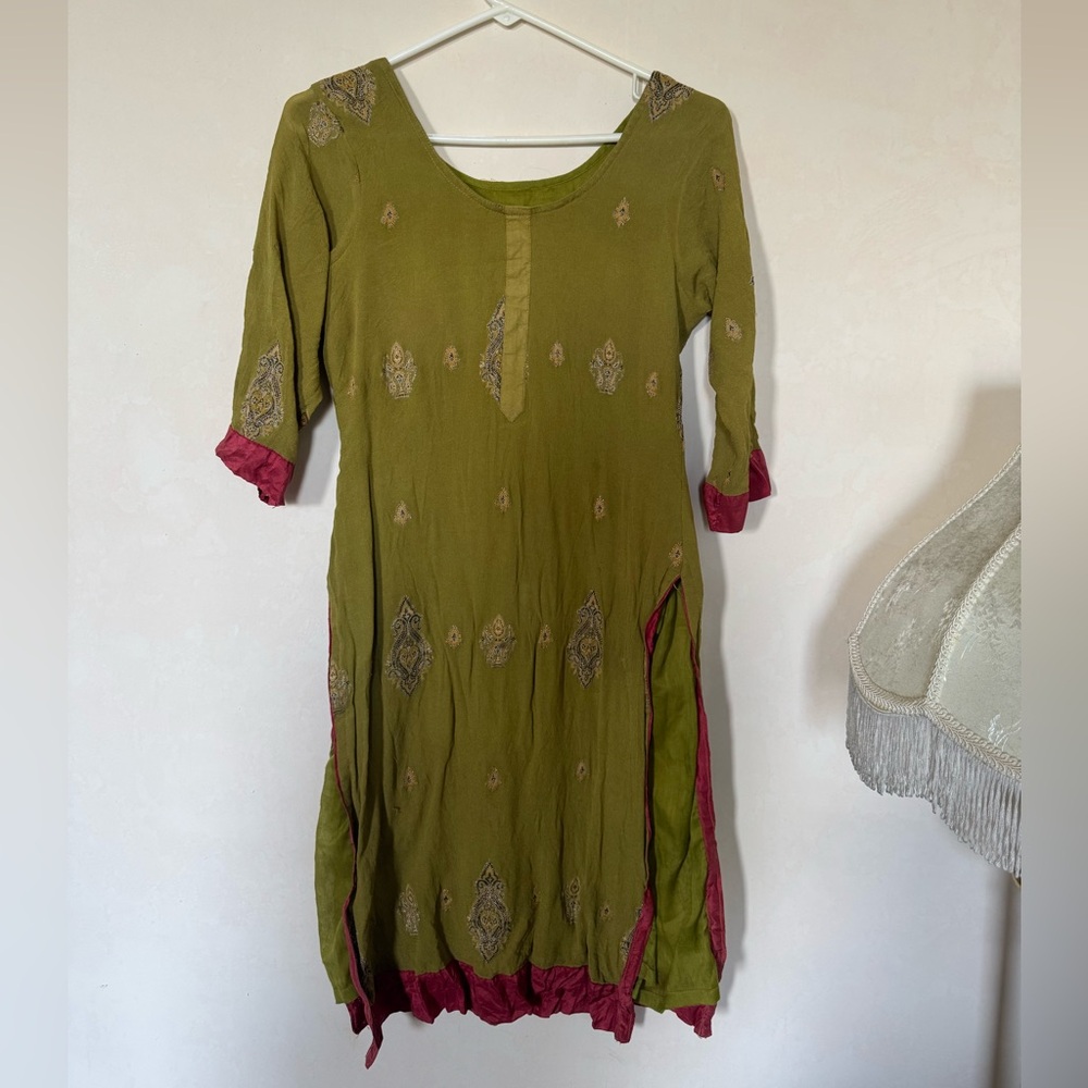 Handmade Olive Green Long Sleeve Dress with Pink Trim